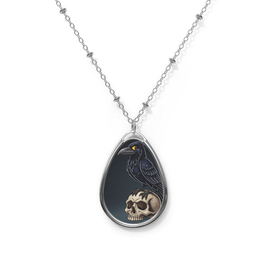 Crow Chillin on Skull Oval Necklace