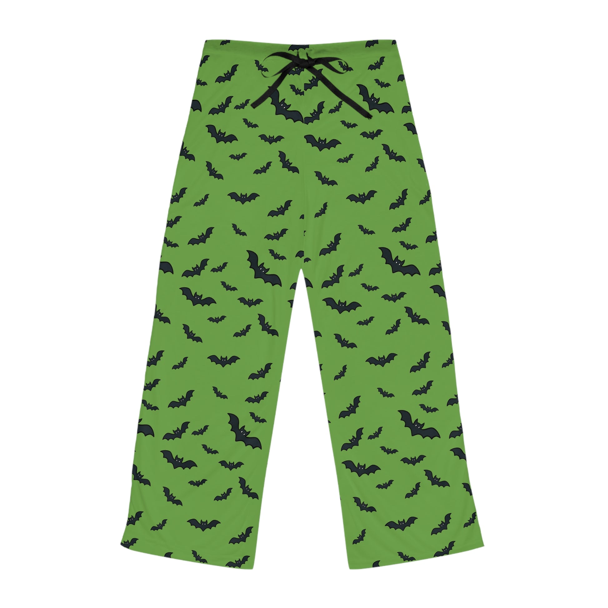 Green pajama pants with black bat pattern on a white background