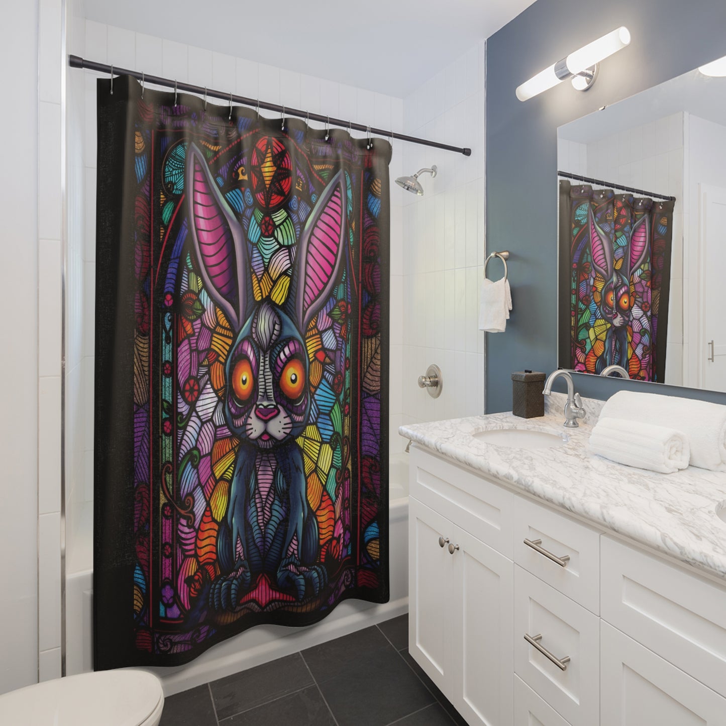 Creepy bunny stain glass  Shower Curtains