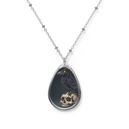 Crow Chillin on Skull Oval Necklace
