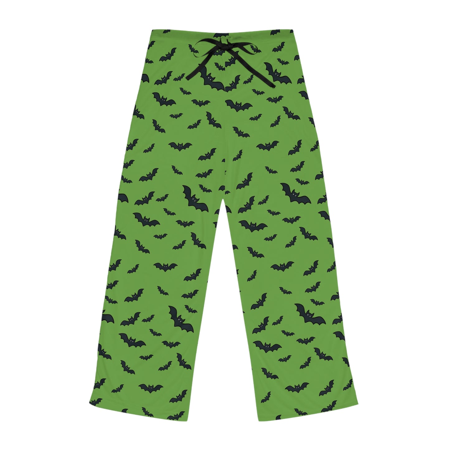Green pajama pants with black bat pattern on a white background