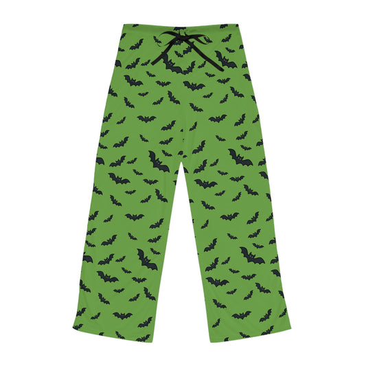Green pajama pants with black bat pattern on a white background