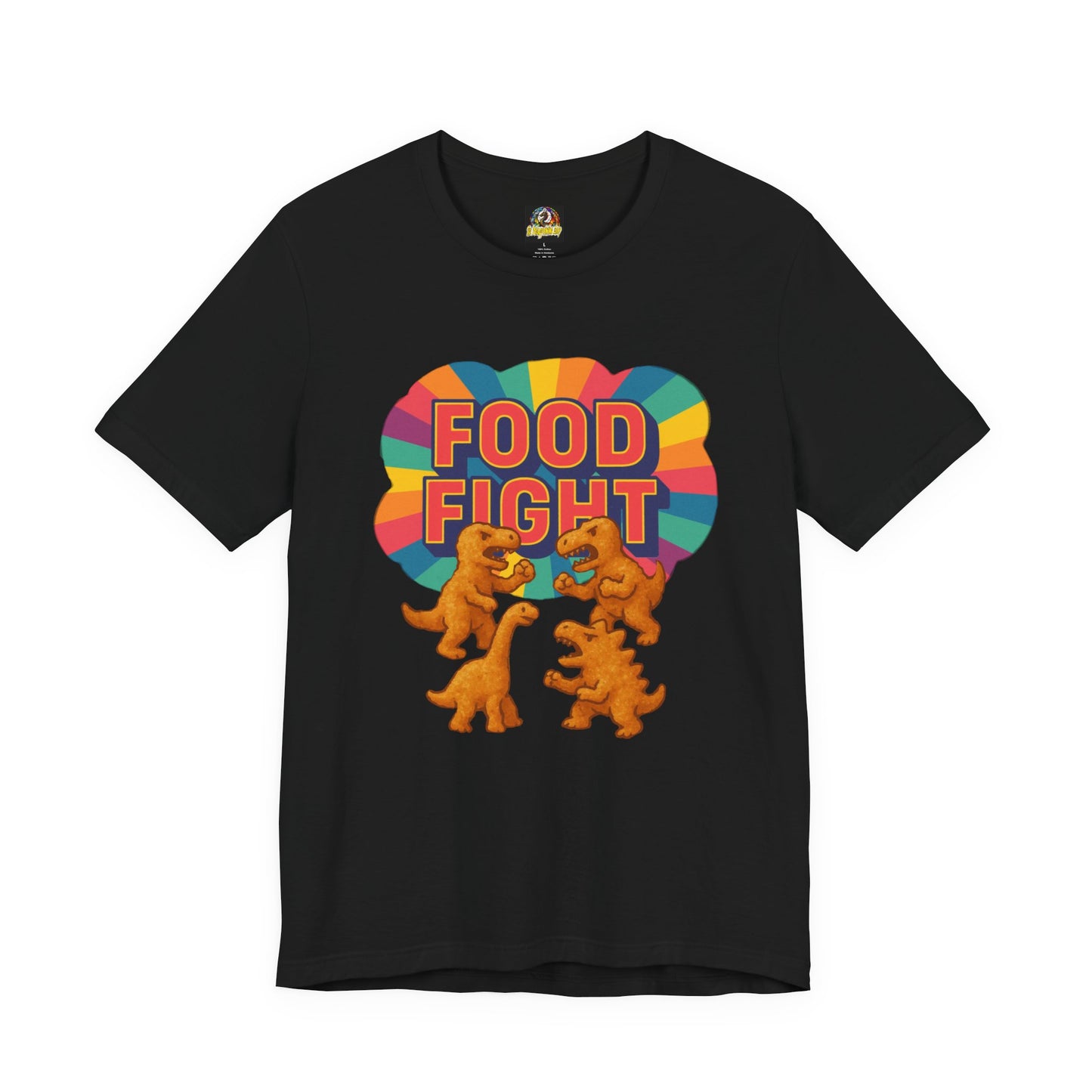Black t-shirt with colorful 'Food Fight' graphic featuring dinosaurs on a white background