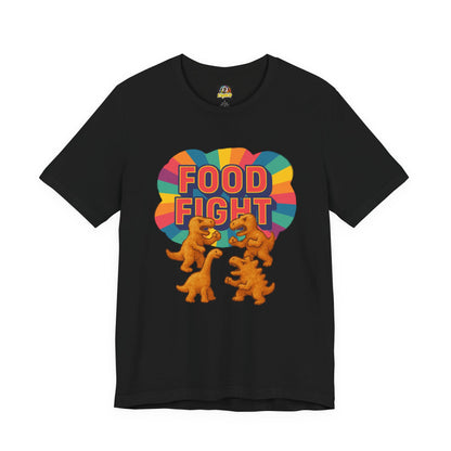 Black t-shirt with colorful 'Food Fight' graphic featuring dinosaurs on a white background