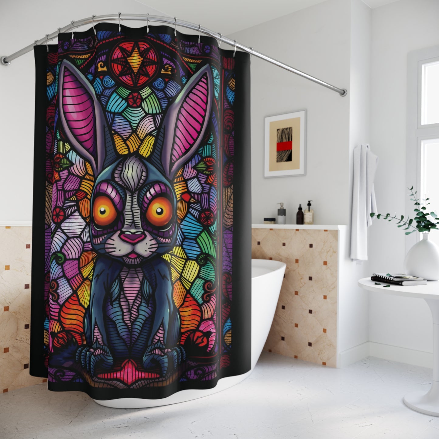 Creepy bunny stain glass  Shower Curtains
